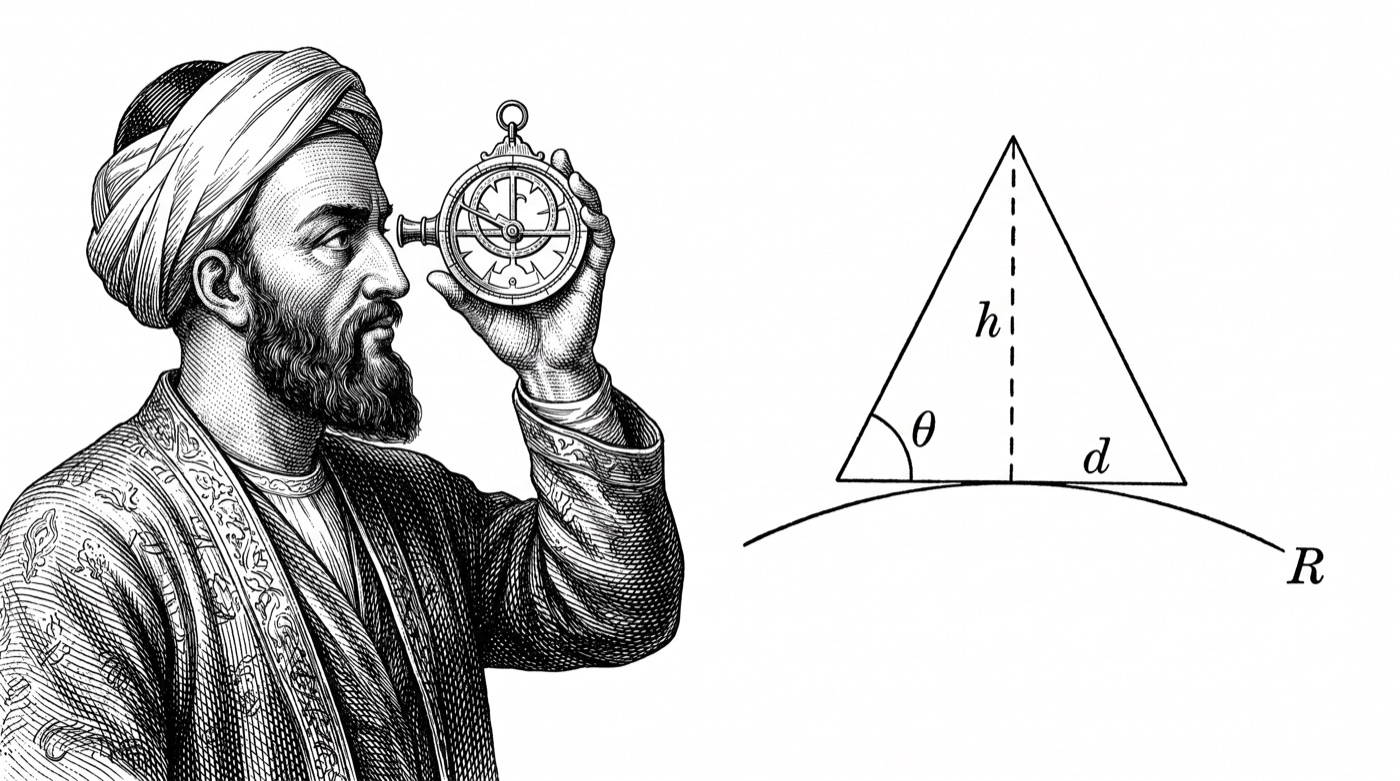 Engraving of al-Biruni sighting through an astrolabe, beside the mountain-and-angle diagram he used to measure the Earth